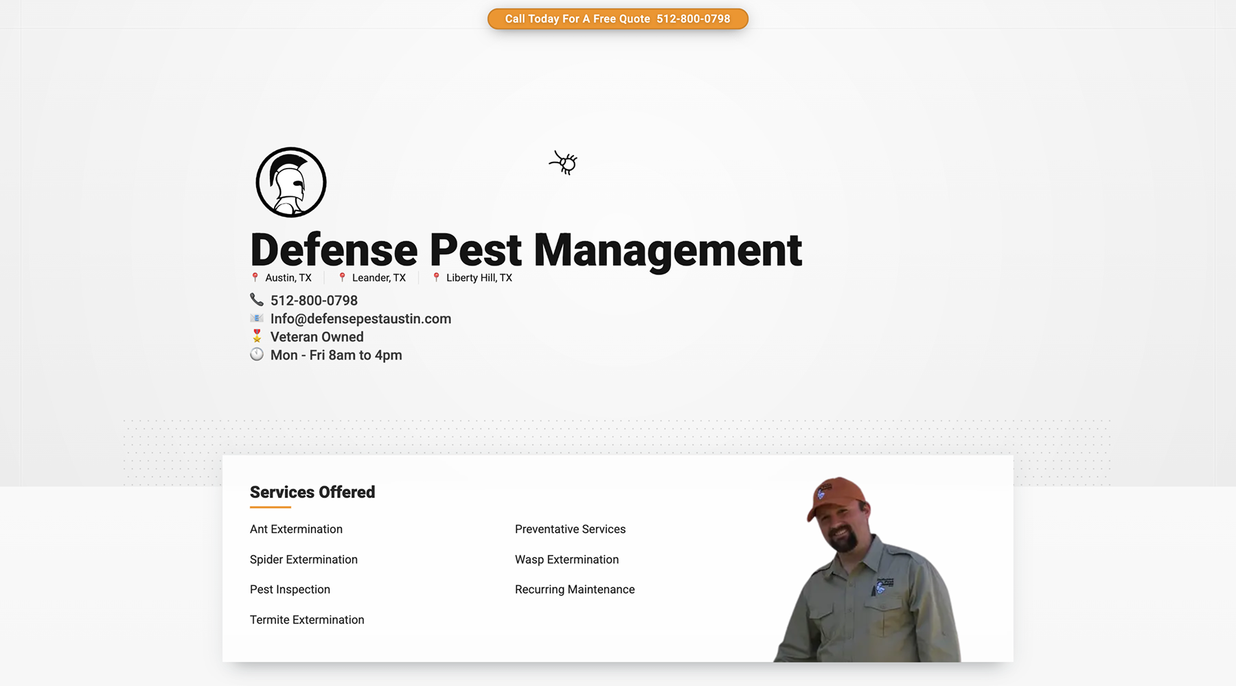 Defense Pest Austin pest control company homepage with Lottie animation and modern website design