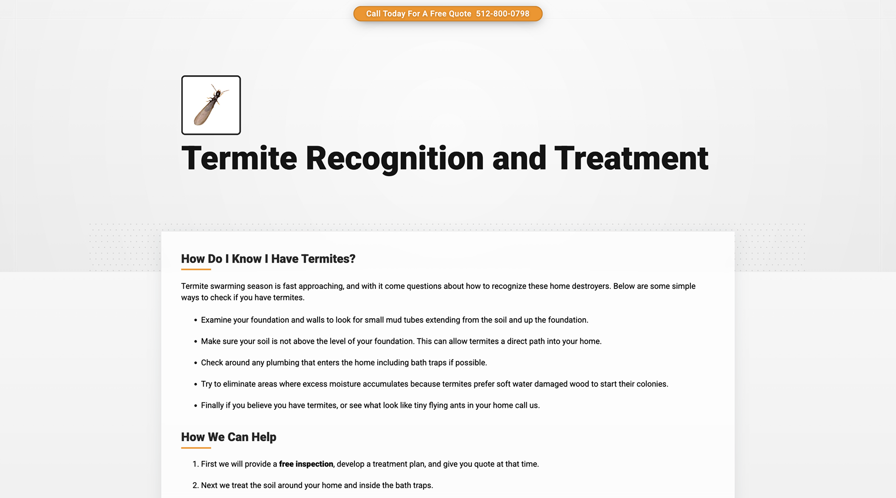 Defense Pest Austin termite treatment article page explaining pest control solutions for homeowners