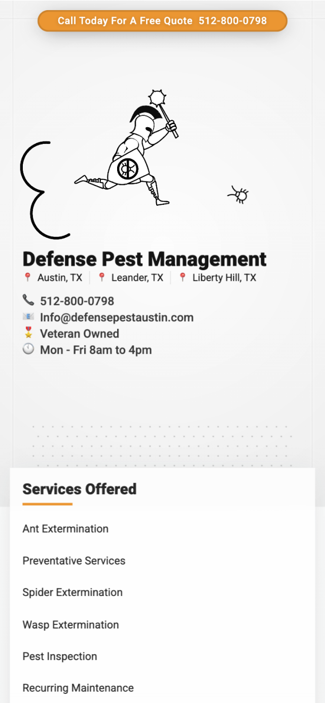 Defense Pest Austin mobile homepage showing responsive pest control company website