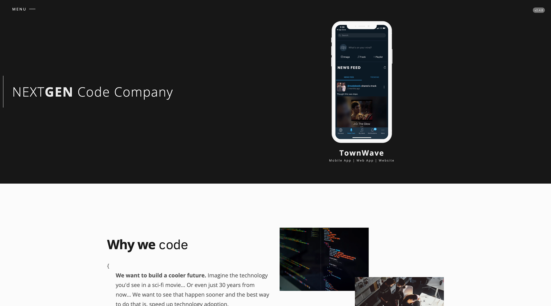 NextGen Code Company software development agency homepage featuring project portfolio