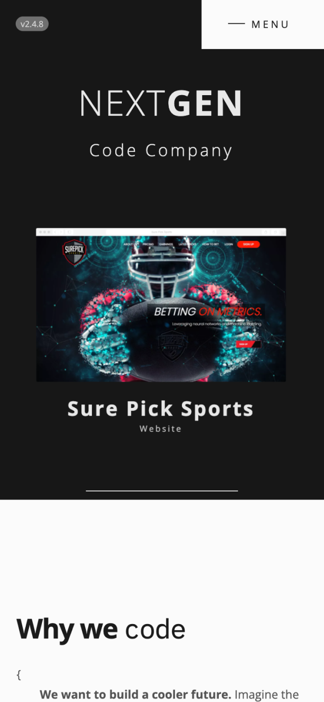 NextGen Code Company mobile homepage for custom software development agency