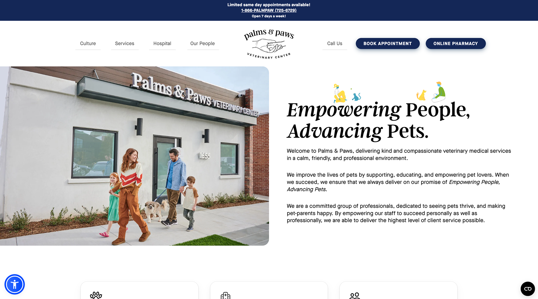 Palms & Paws Veterinary Center homepage built with Next.js showing modern veterinary website design