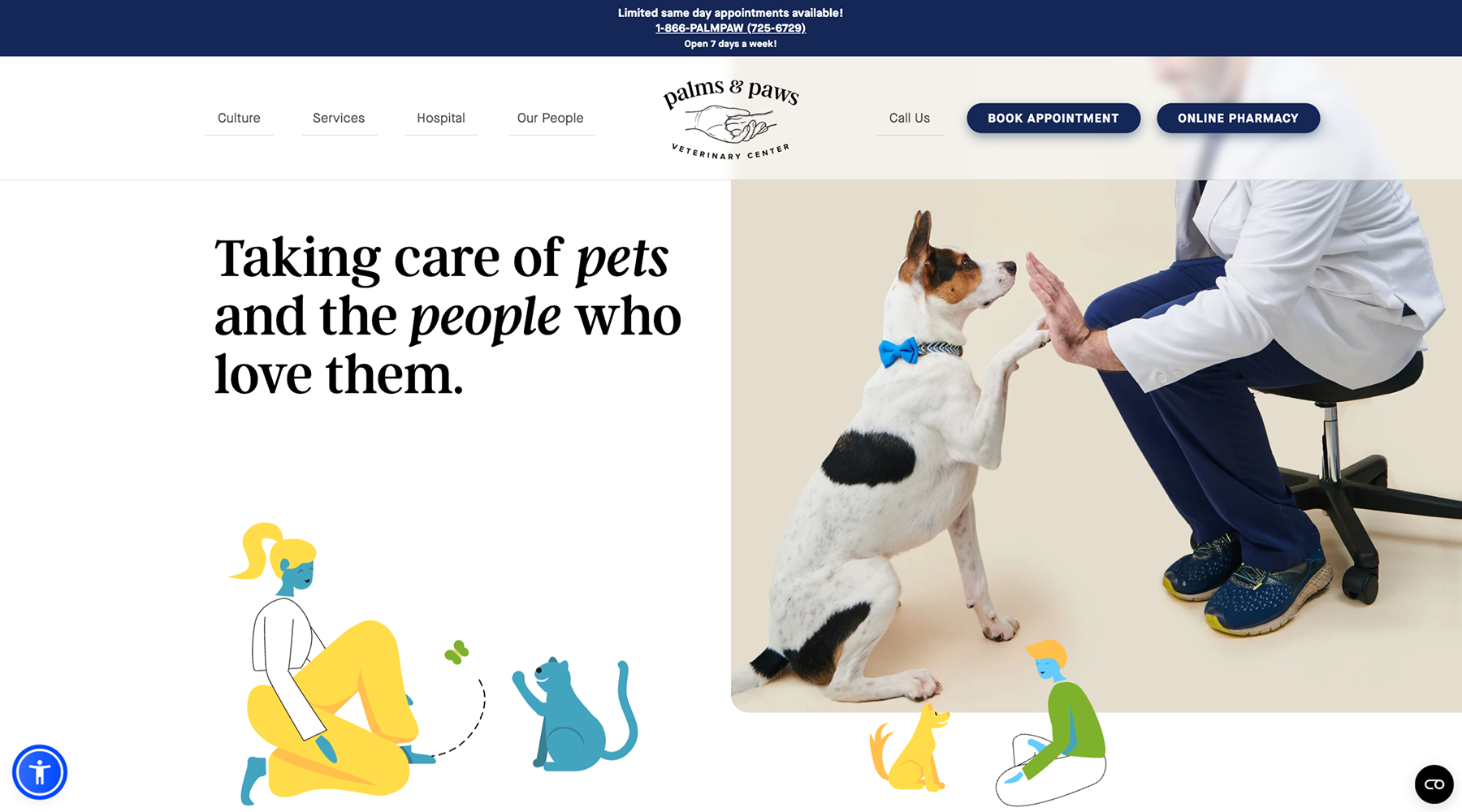 Veterinary team page with staff profiles and Lottie animations on the Palms & Paws Veterinary Center website