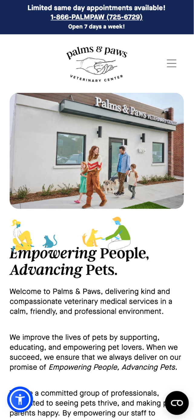 Mobile homepage of Palms & Paws Veterinary Center website showing responsive design and Lottie animation