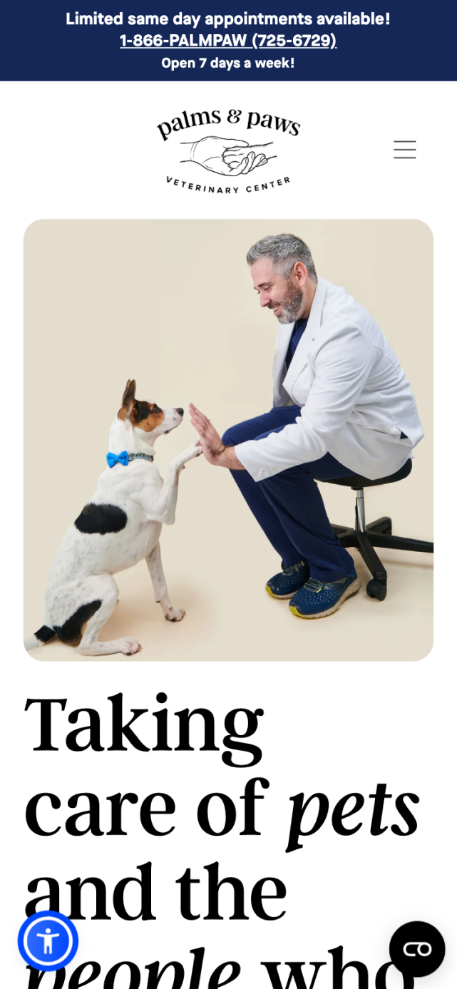 Mobile view of Palms & Paws Veterinary Center team page with responsive layout