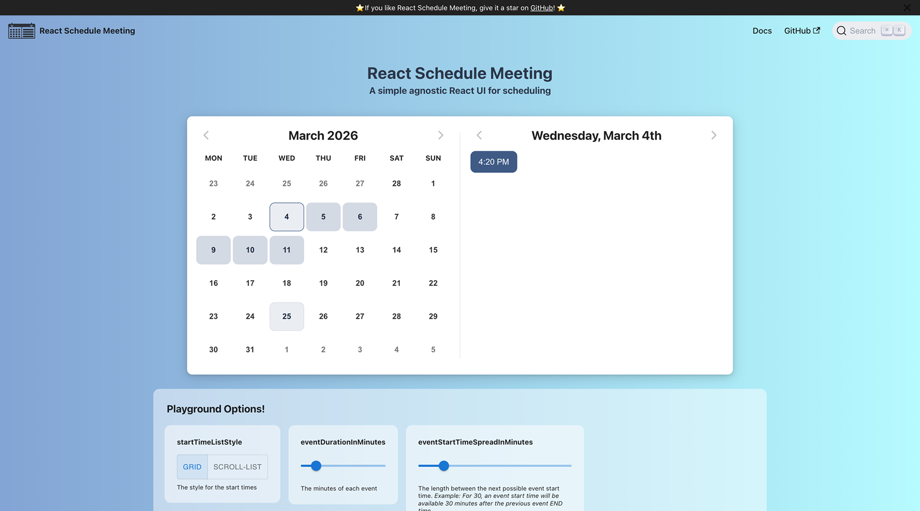 React Schedule Meeting open source React scheduling component documentation homepage