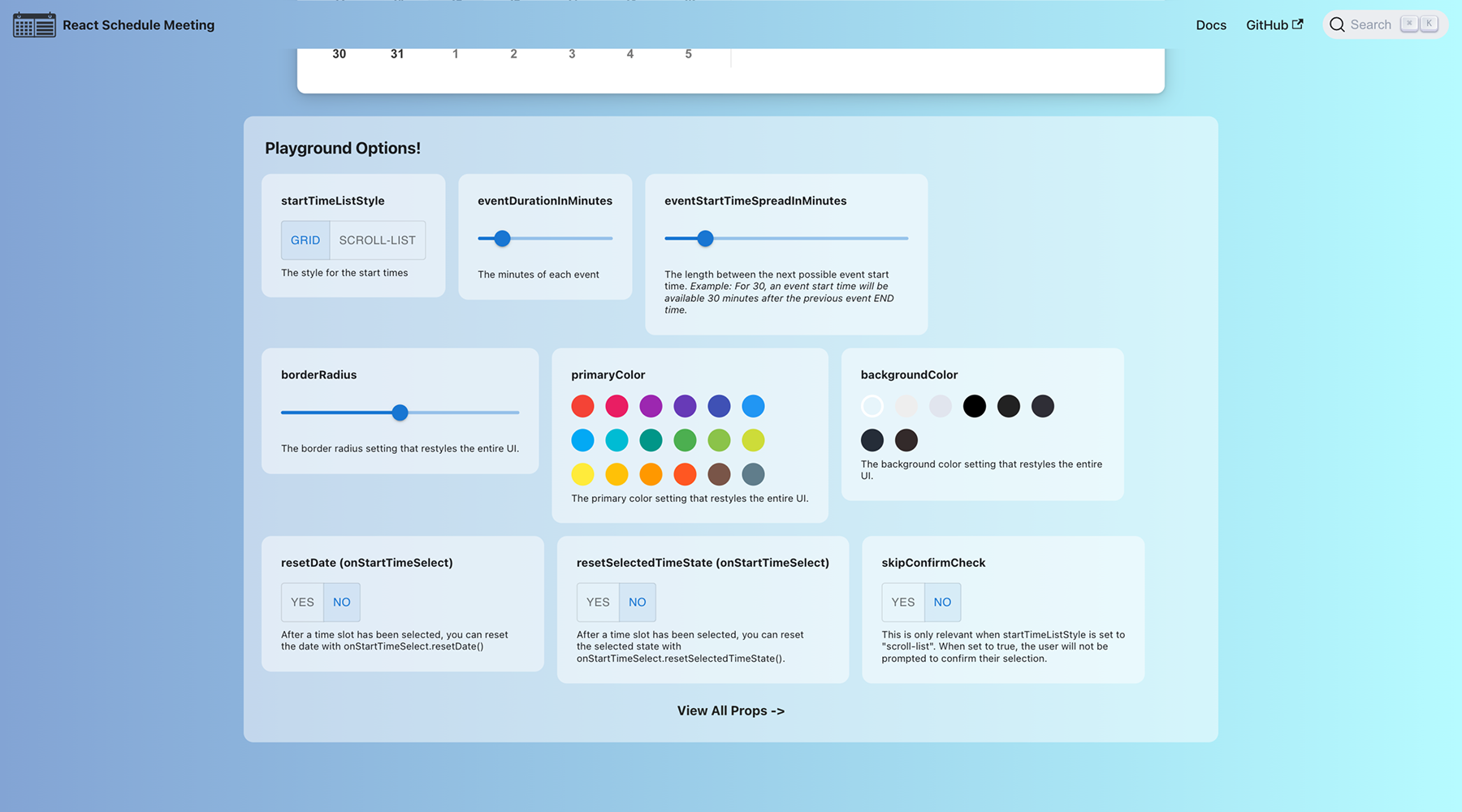 React Schedule Meeting props playground showing configurable scheduling component options