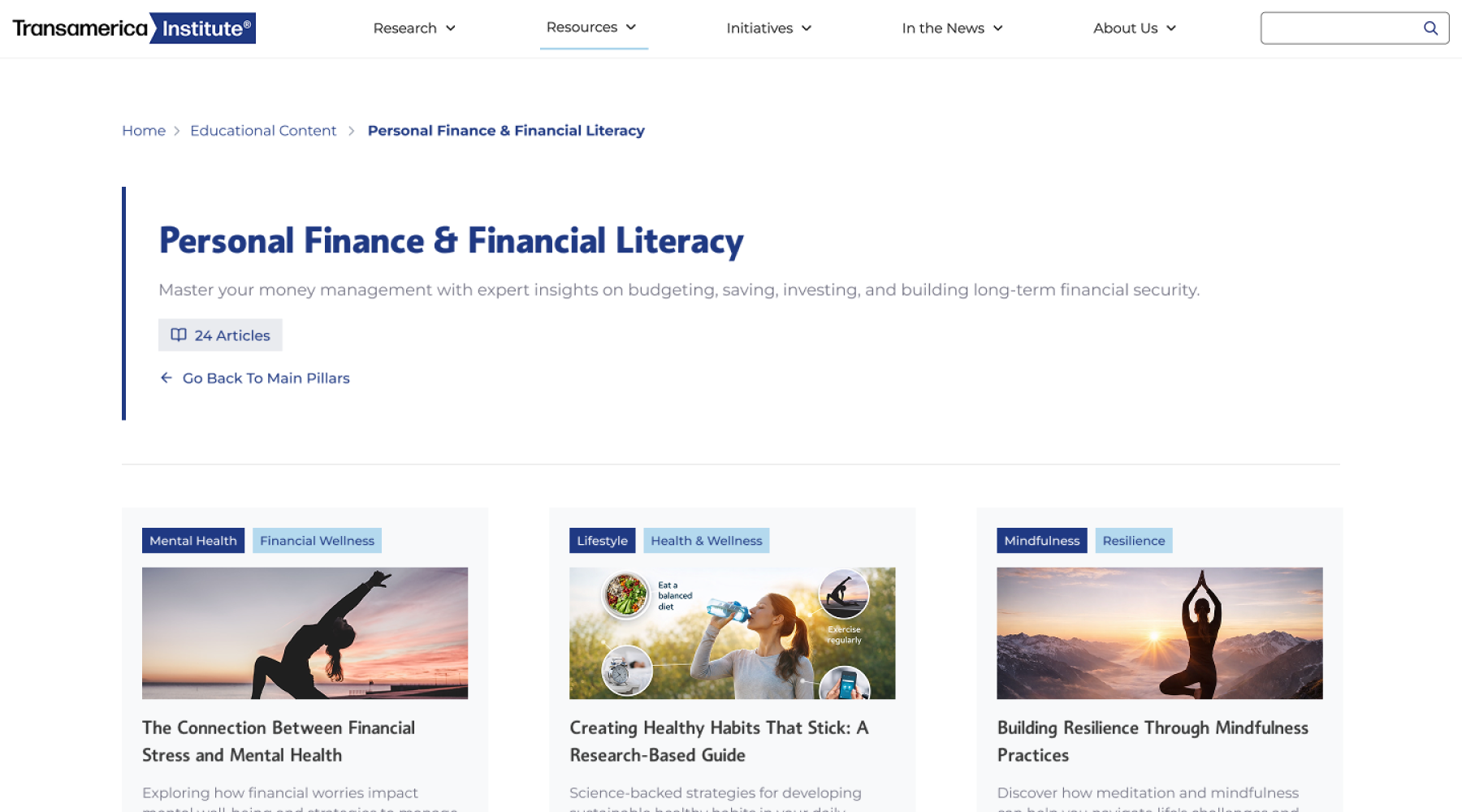 Transamerica Institute financial literacy category page showing educational resource topics