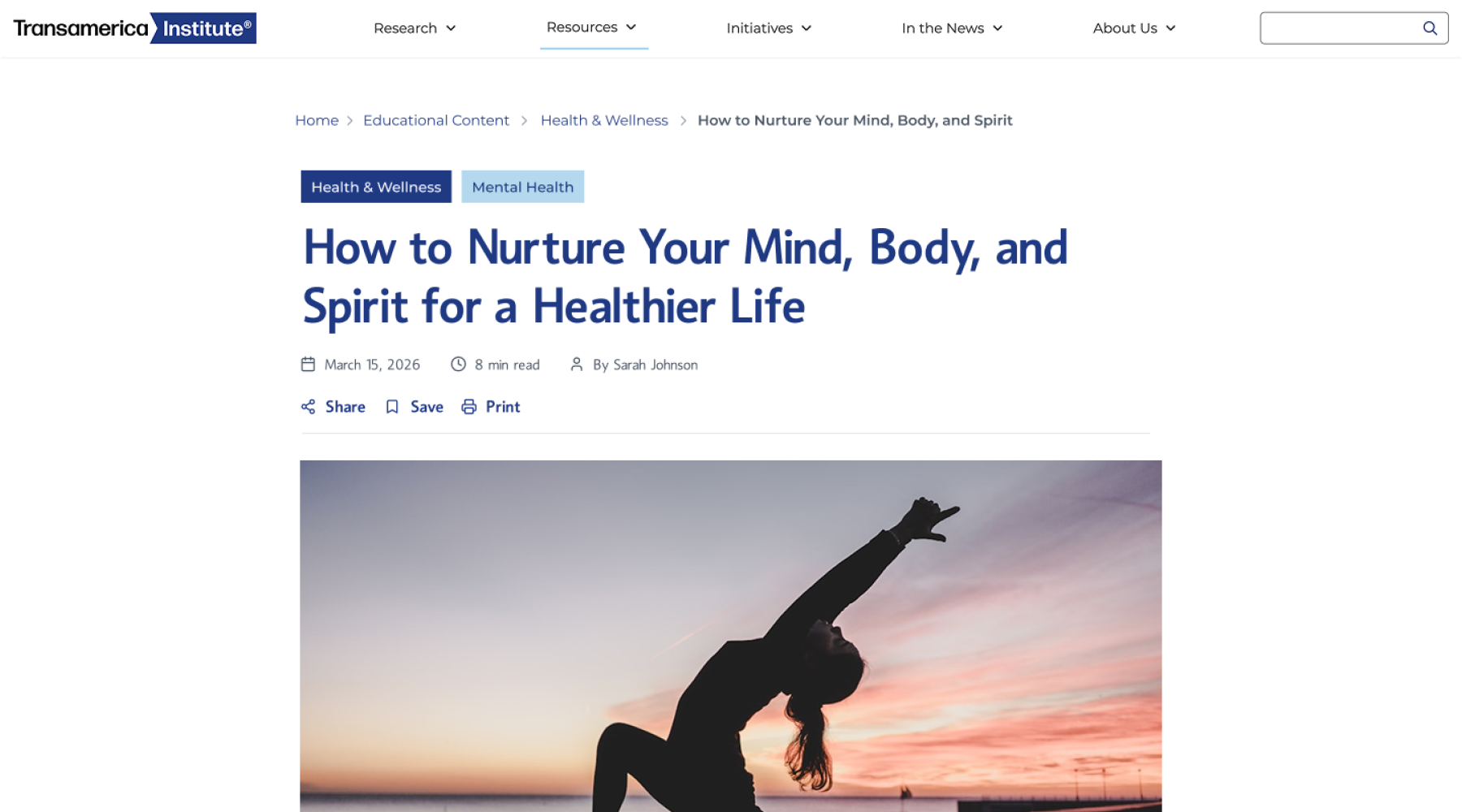 Transamerica Institute financial education article page layout design