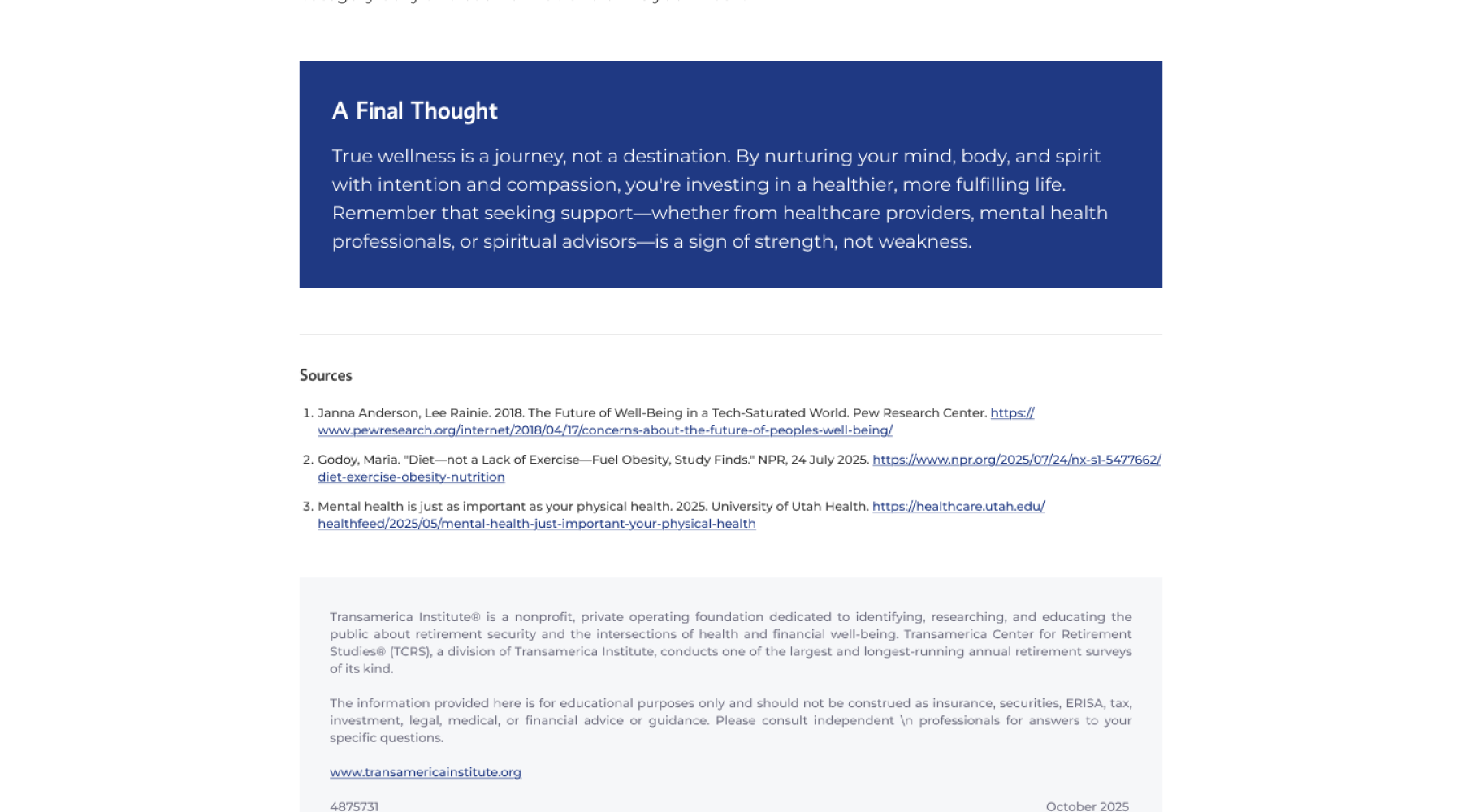 Transamerica Institute article references and resource links section on financial education page