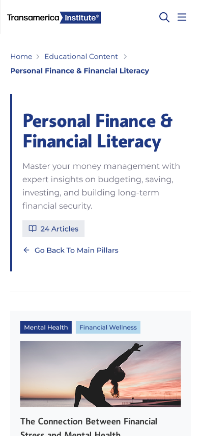 Transamerica Institute mobile category page for financial literacy resources