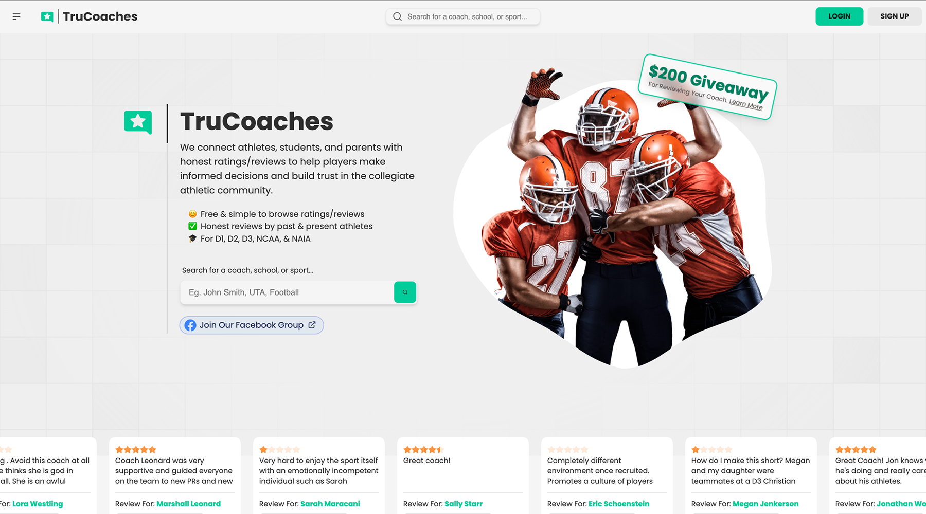 TruCoaches homepage showing the college coach rating platform for athletes and recruits
