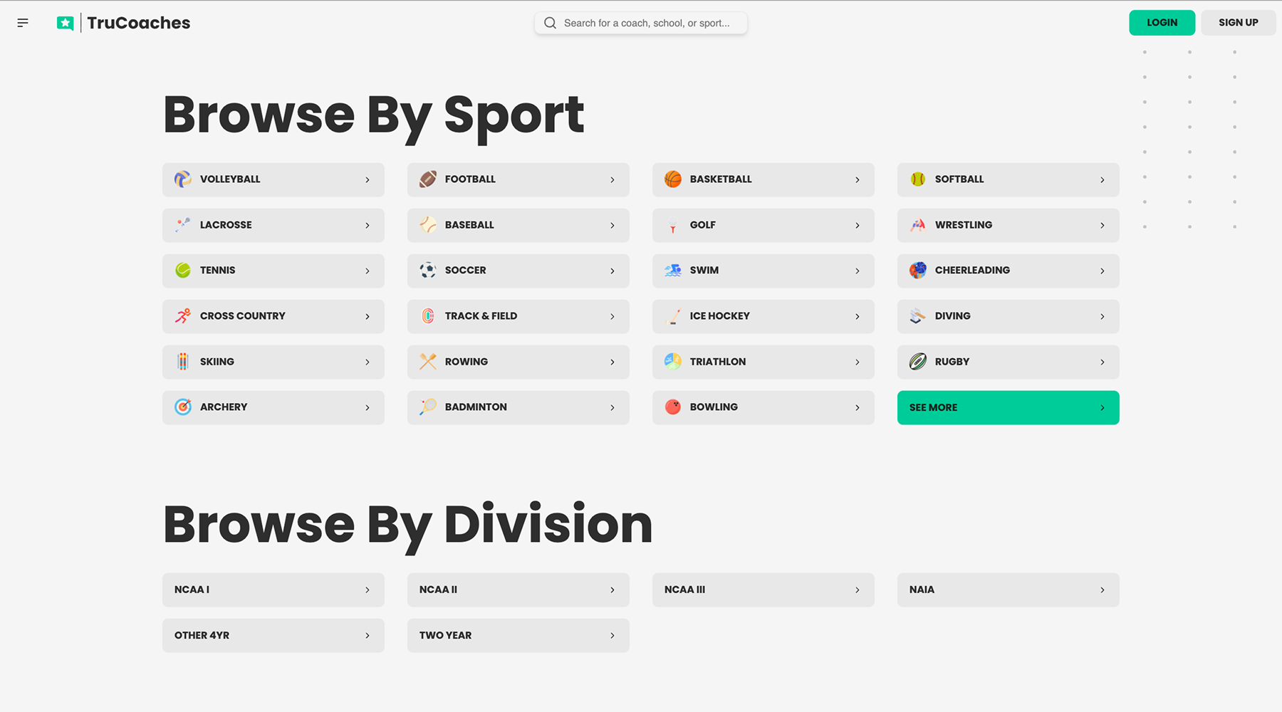 TruCoaches browse by sport and division interface for discovering college coaches