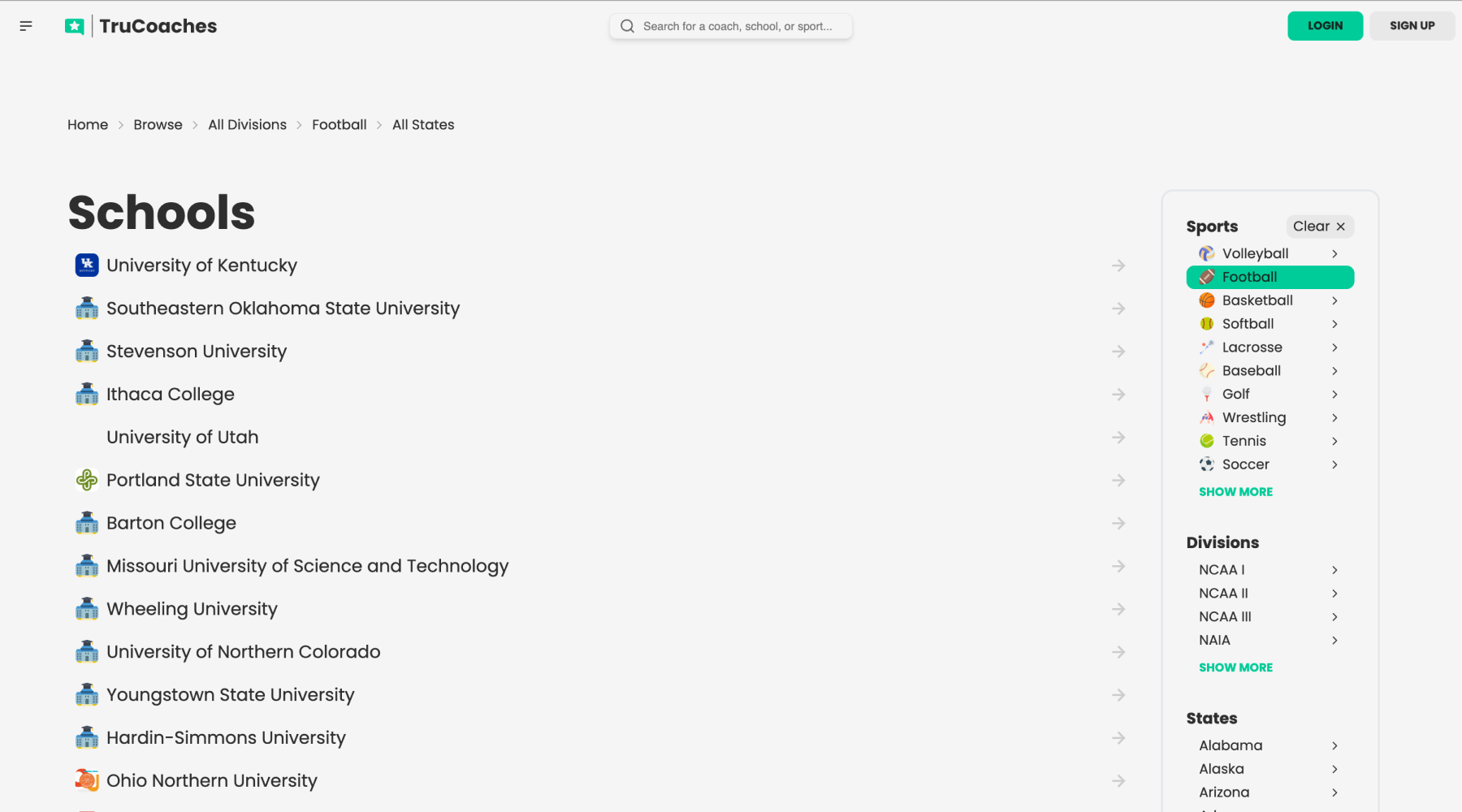 TruCoaches school search page with filters for sports such as football and other NCAA programs
