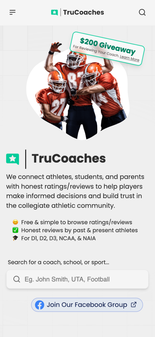Mobile homepage of TruCoaches college coach rating platform