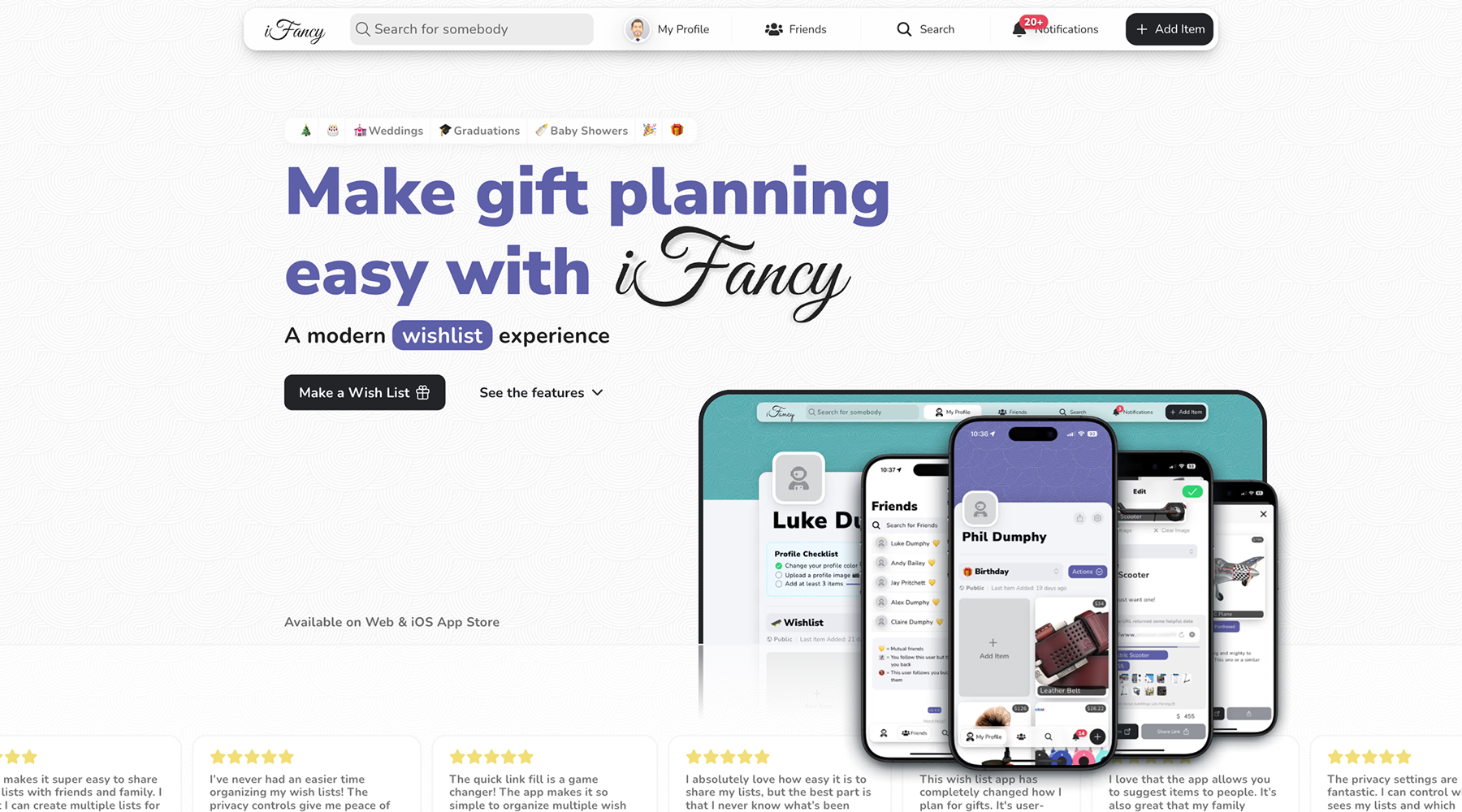 iFancy wishlist application homepage for managing birthday and holiday gift lists