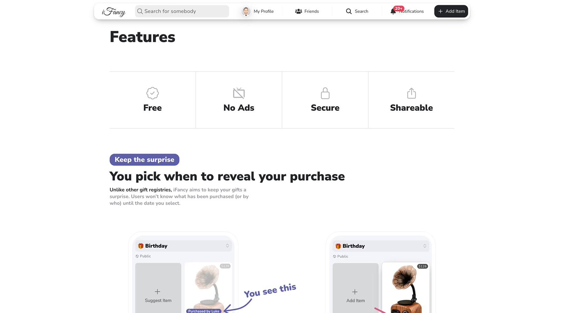 iFancy wishlist app features showing how users create and share gift lists