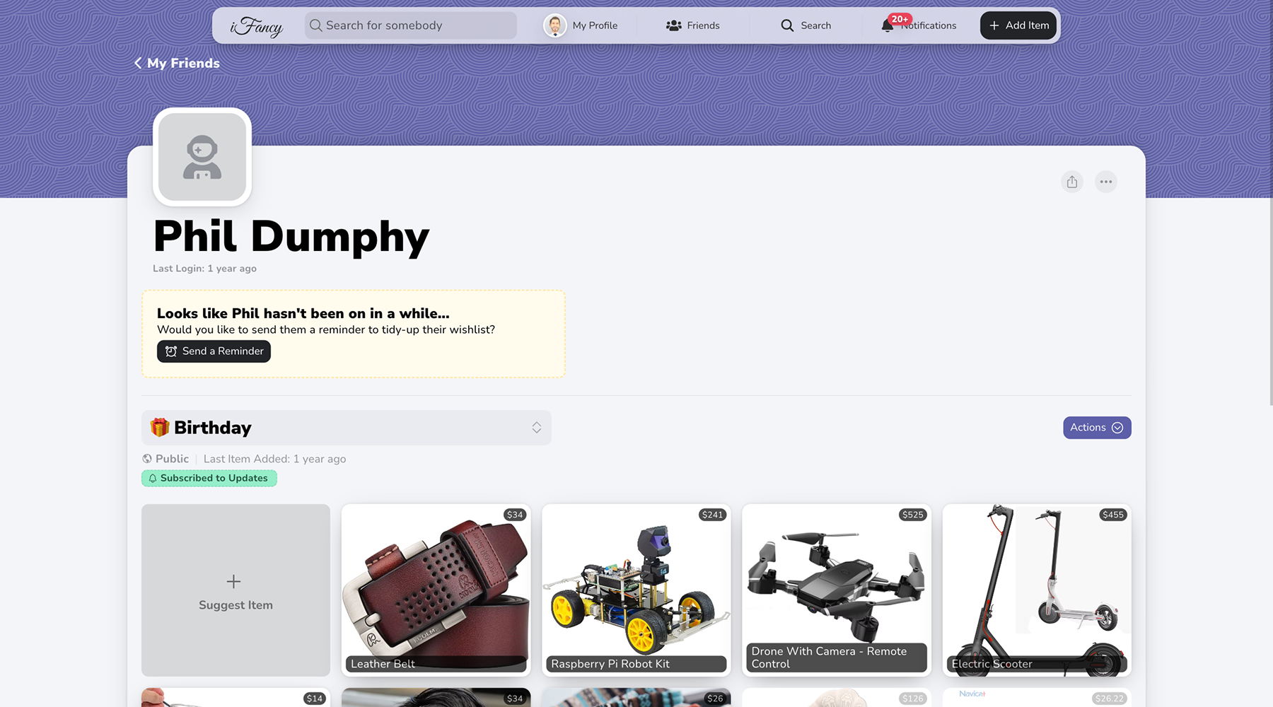 iFancy user profile dashboard with personal wishlists and gift ideas