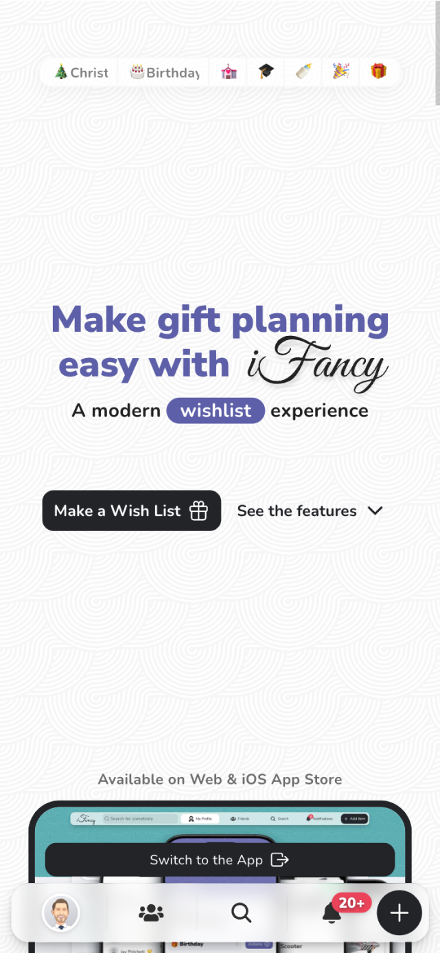 iFancy mobile app homepage for browsing and managing gift wishlists