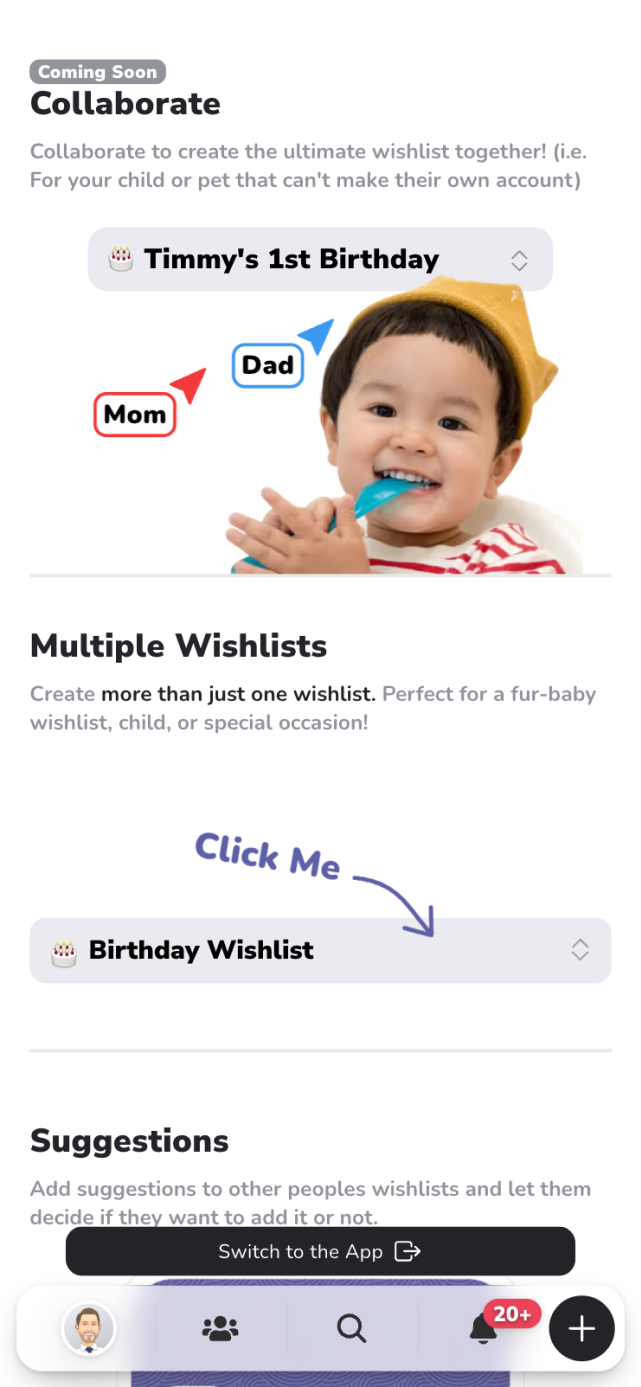 iFancy mobile interface showing wishlist creation and gift list management